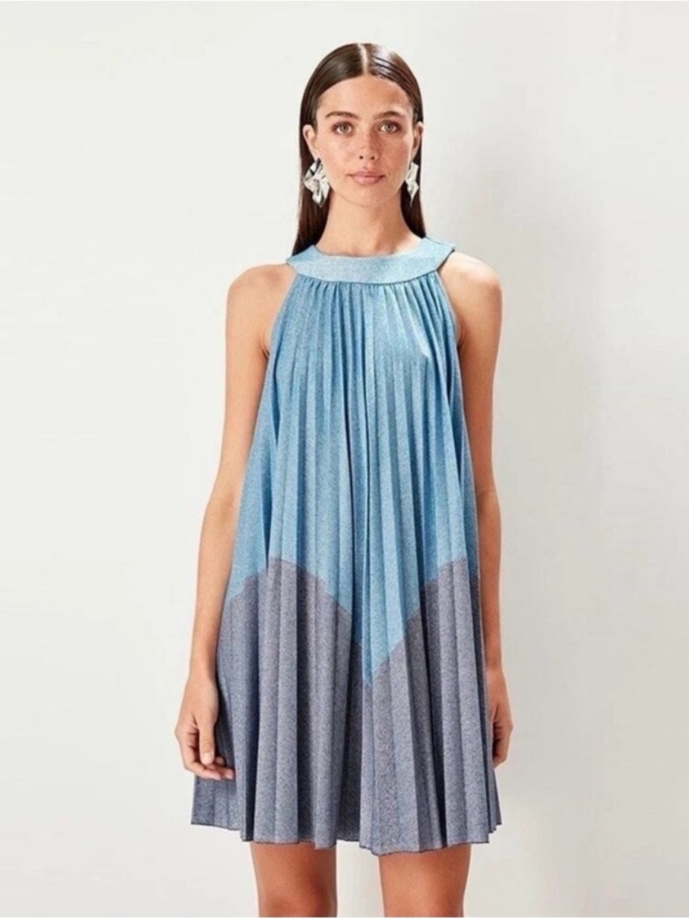 Free People Two-Tone Light Blue Pleated Halter Mini Dress-Medium-button missing